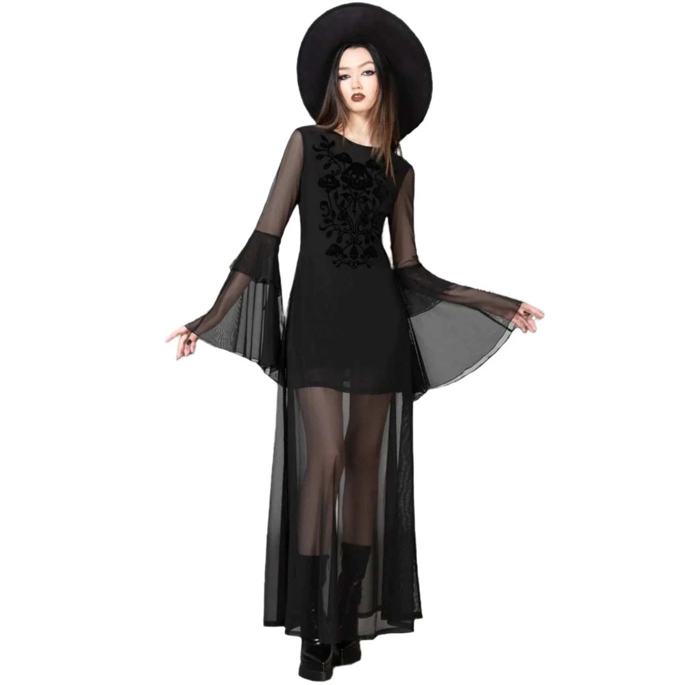 Killstar Elfin heart black maxi dress flared sleeve open back size L